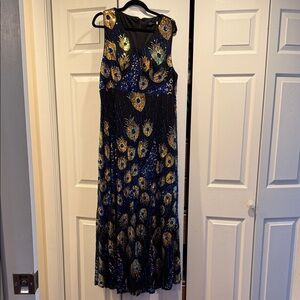 Peacock Sequin Maxi Dress Black Blue Gold Formal Evening Gown Size 1X